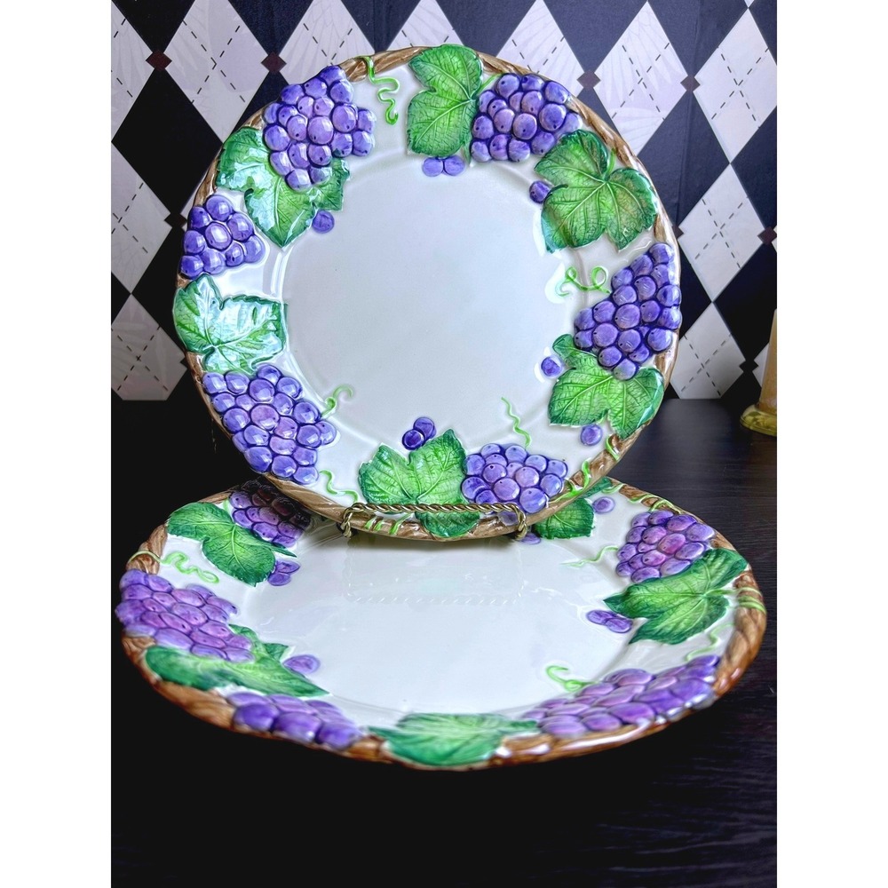 Large Vintage Pair Raised Grape Relief Dinner Plates Ironstone 11" Fitz Floyd